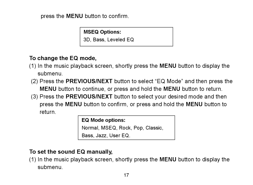 Nextar MA809 To change the EQ mode, To set the sound EQ manually 