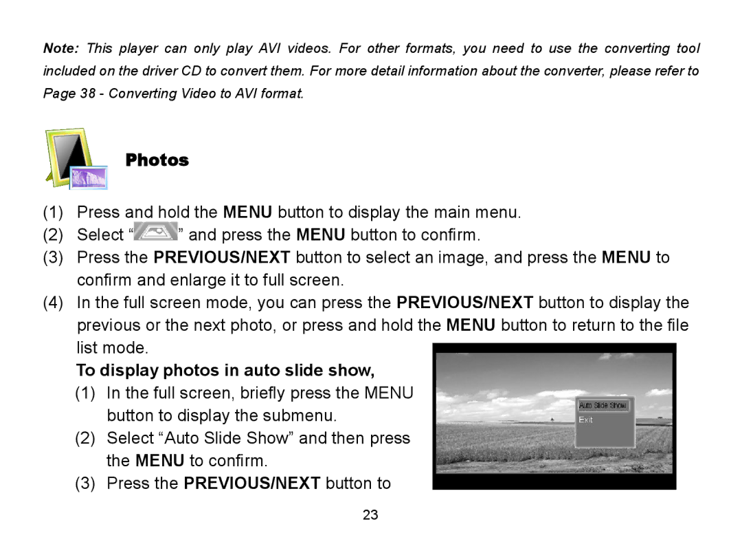 Nextar MA809 manual Photos, To display photos in auto slide show 