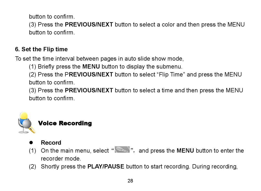 Nextar MA809 manual Set the Flip time, Voice Recording  Record 