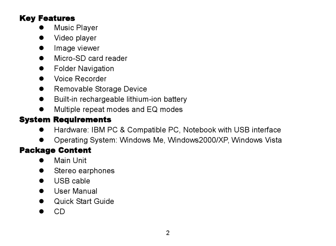 Nextar MA809 manual Key Features, System Requirements, Package Content 