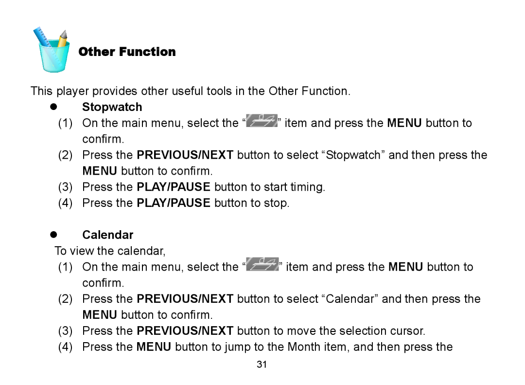 Nextar MA809 manual  Stopwatch,  Calendar 