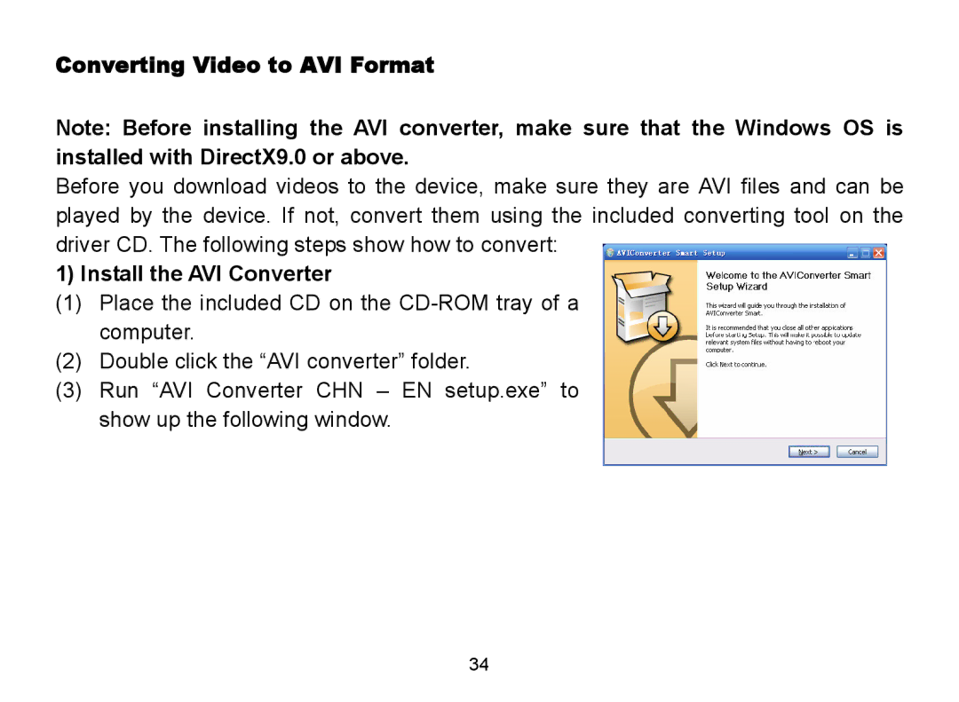 Nextar MA809 manual Converting Video to AVI Format, Install the AVI Converter 