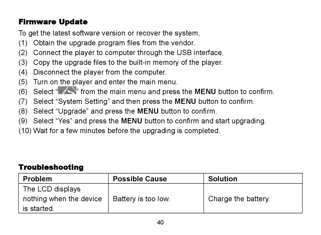 Nextar MA809 manual Firmware Update, Troubleshooting Problem Possible Cause Solution 