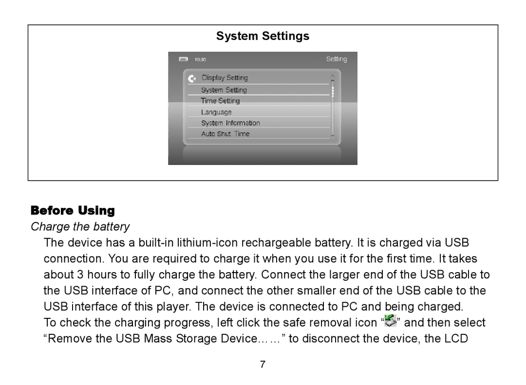 Nextar MA809 manual System Settings Before Using, Charge the battery 