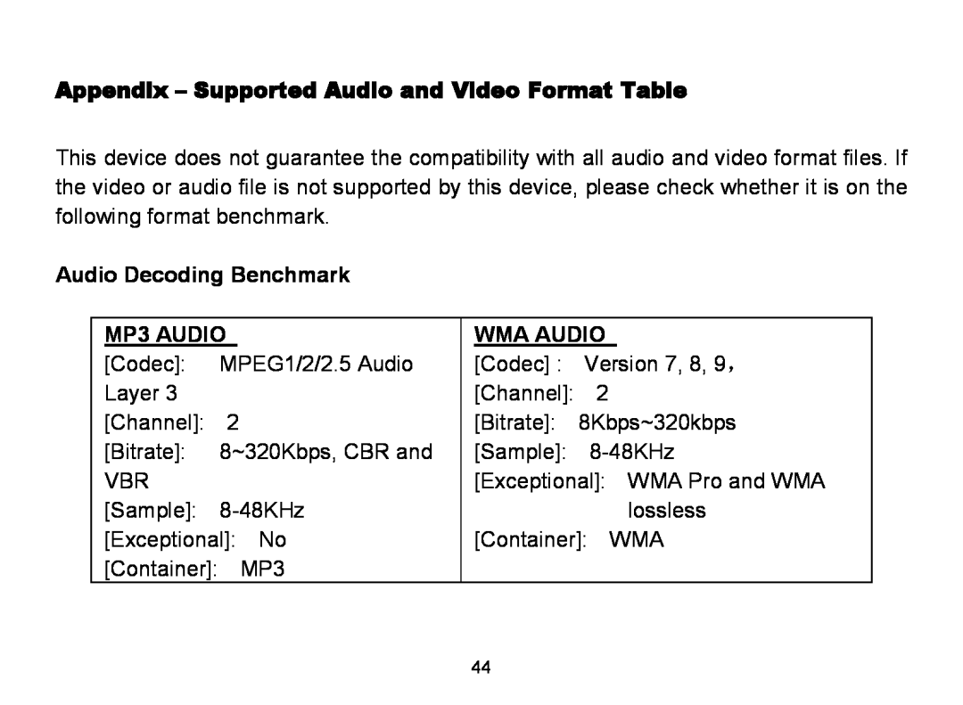 Nextar MA809 manual Appendix -Supported Audio and Video Format Table, Audio Decoding Benchmark, MP3 AUDIO, Wma Audio 