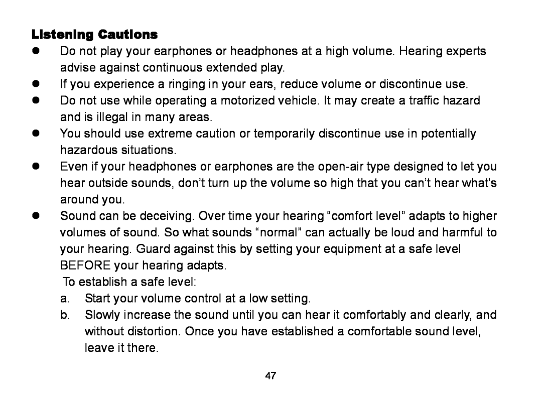 Nextar MA809 manual Listening Cautions 