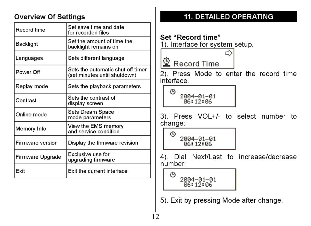 Nextar Ma828 instruction manual Overview Of Settings, Detailed operating Instruction, Set Record time 