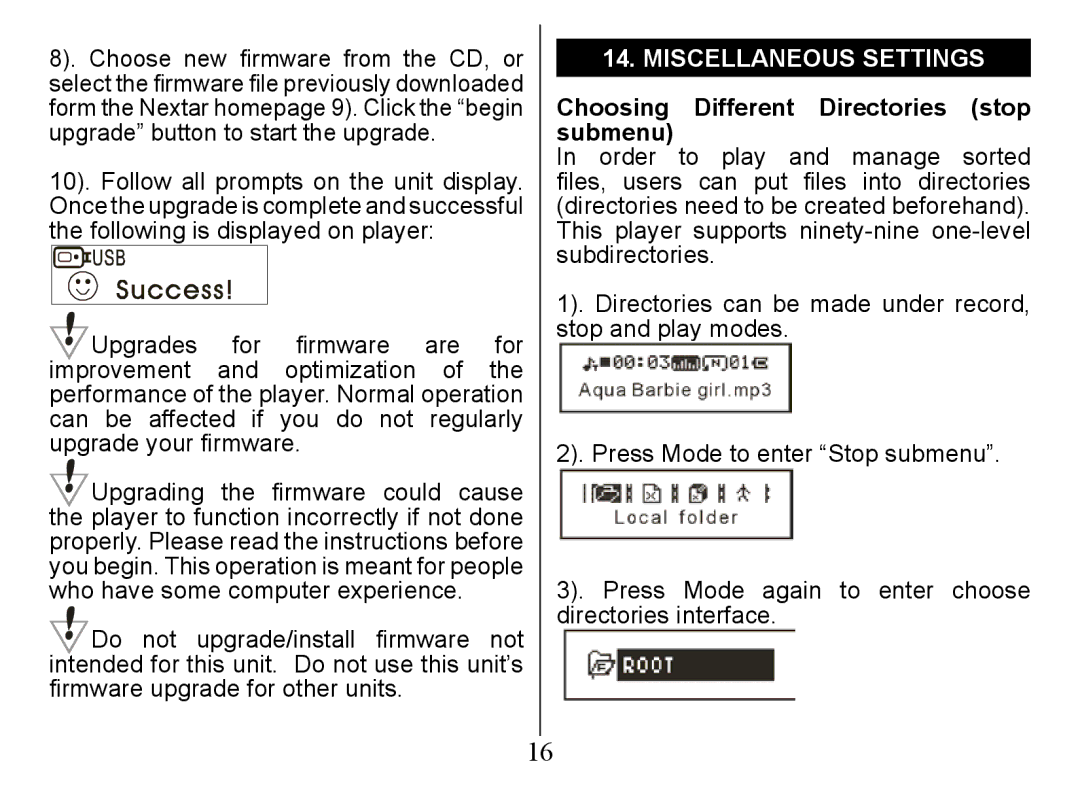 Nextar Ma828 instruction manual Miscellaneous Settings, Choosing Different Directories stop submenu 