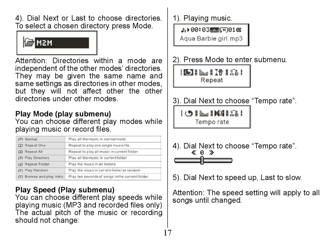 Nextar Ma828 instruction manual Play Mode play submenu, Play Speed Play submenu 