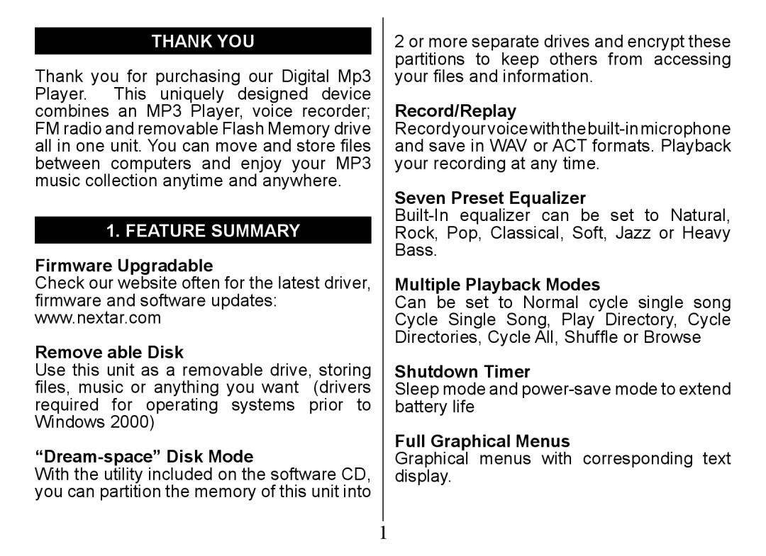 Nextar Ma828 instruction manual Thank You, Feature Summary 