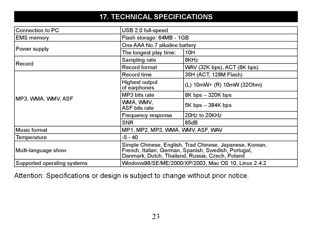 Nextar Ma828 instruction manual Technical Specifications, Wmv, Asf, Wav 