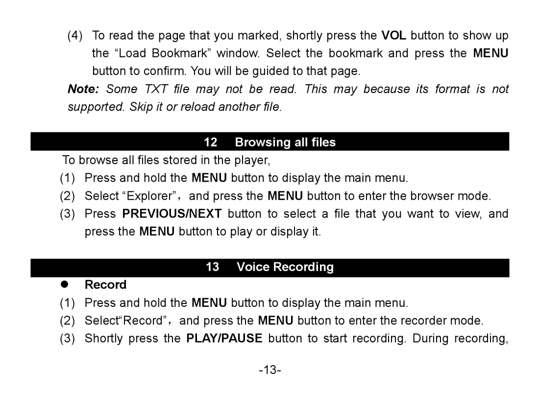 Nextar MA852s instruction manual Browsing all files, Voice Recording,  Record 