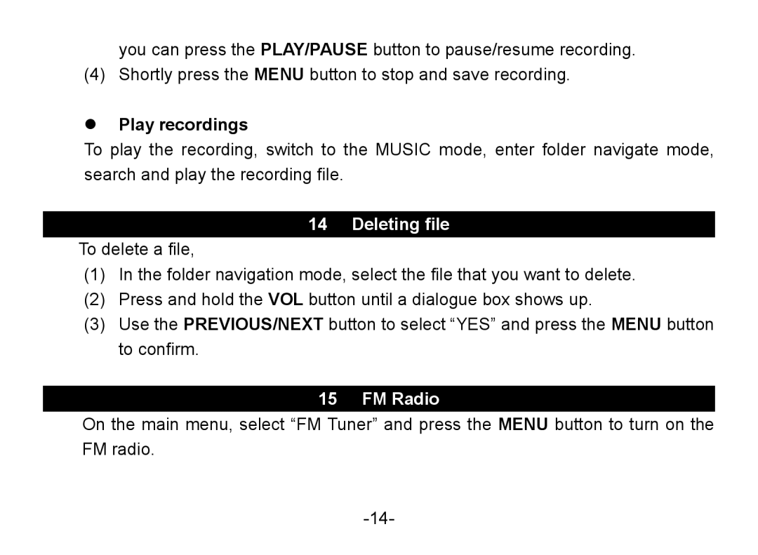 Nextar MA852s instruction manual  Play recordings, Deleting file, FM Radio 