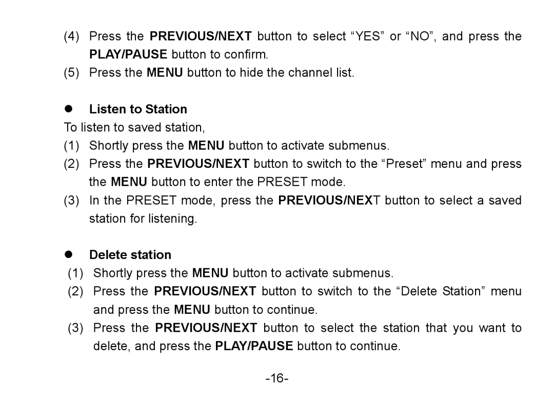 Nextar MA852s instruction manual  Listen to Station To listen to saved station,  Delete station 