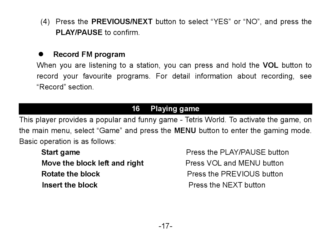 Nextar MA852s instruction manual  Record FM program, Playing game, Start game 