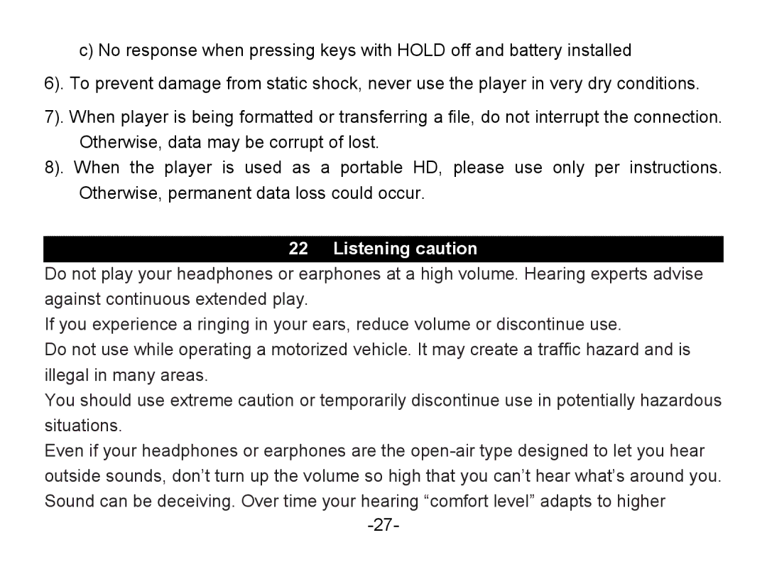 Nextar MA852s instruction manual Listening caution 