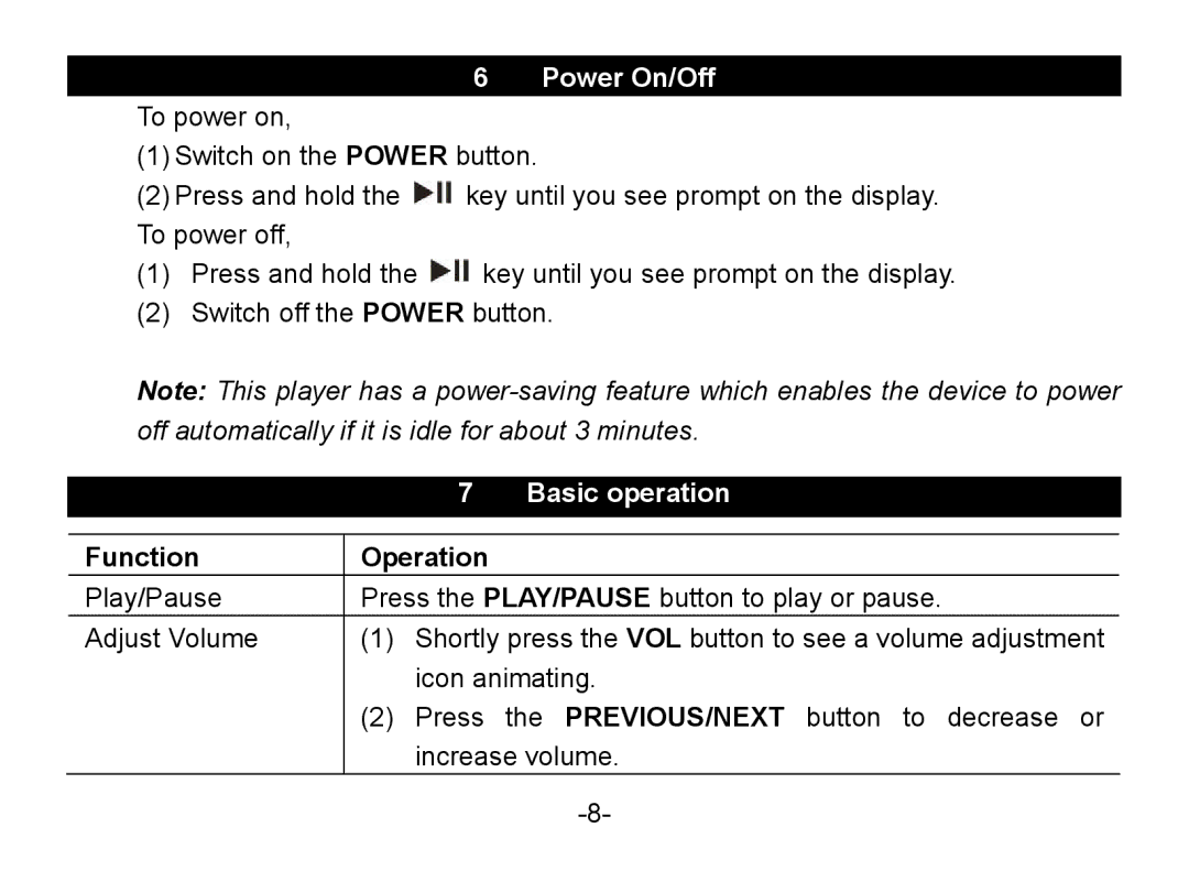 Nextar MA852s instruction manual Power On/Off, Basic operation, Function Operation 