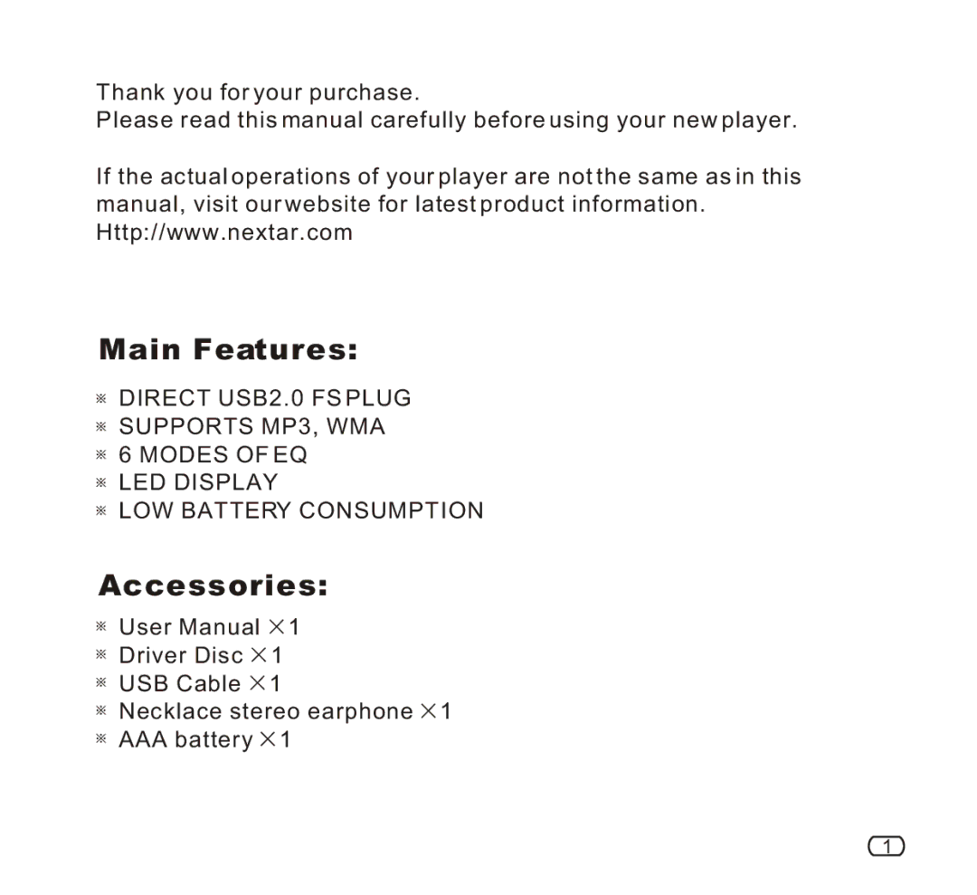 Nextar MA933ASC user manual Main Features, Accessories 