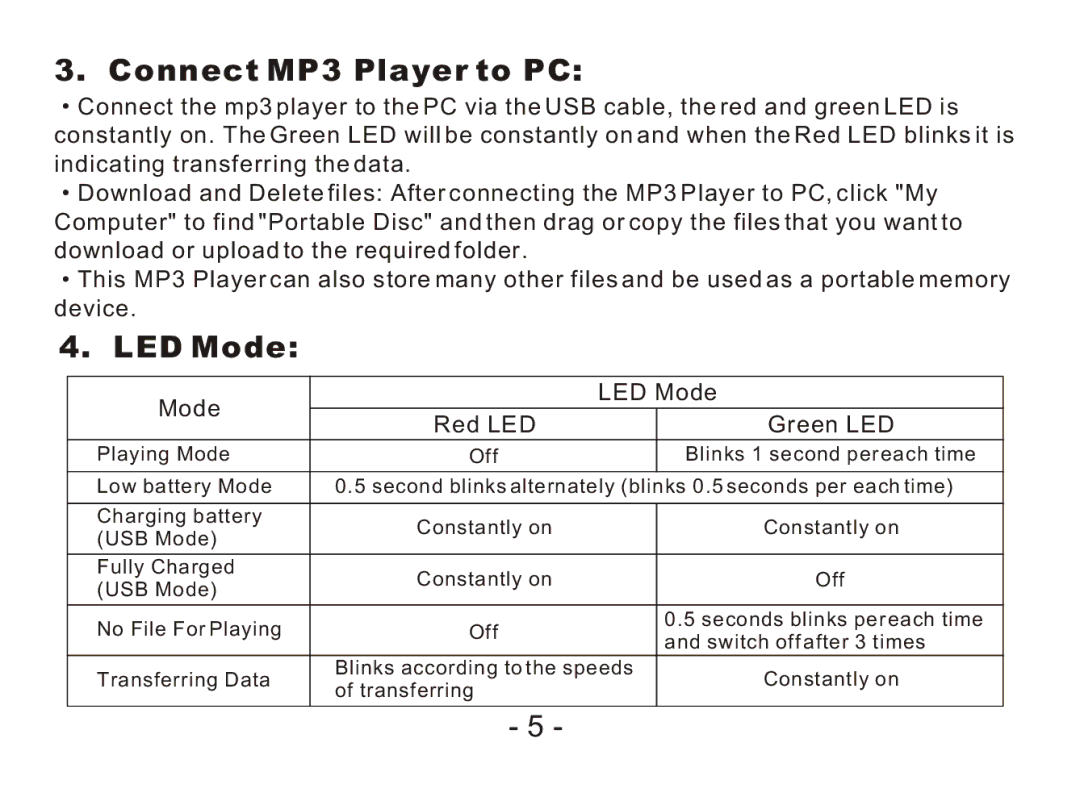 Nextar MA968 operation manual Connect MP3 Player to PC, LED Mode 