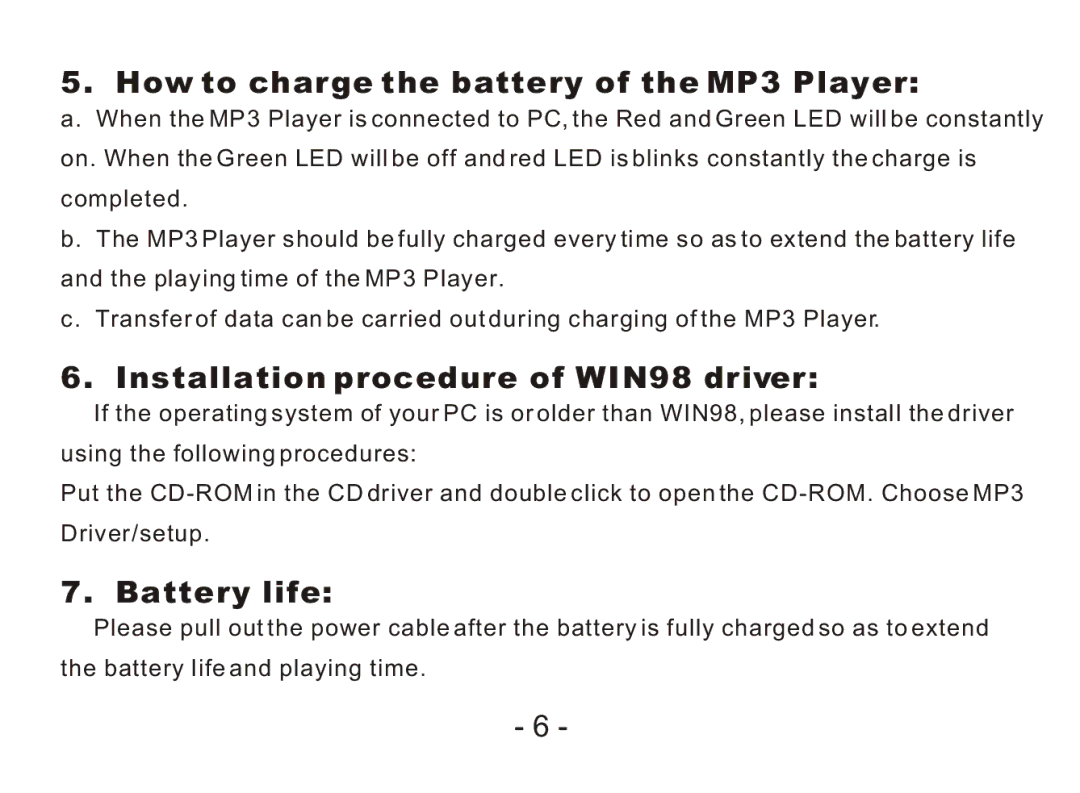 Nextar MA968 How to charge the battery of the MP3 Player, Installation procedure of WIN98 driver, Battery life 