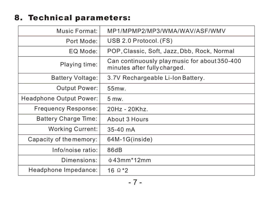 Nextar MA968 operation manual Technical parameters, MP1/MPMP2/MP3/WMA/WAV/ASF/WMV 