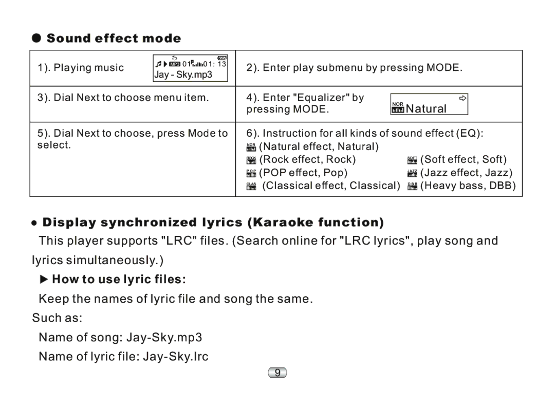 Nextar ma977 manual Sound effect mode, Display synchronized lyrics Karaoke function, How to use lyric files 