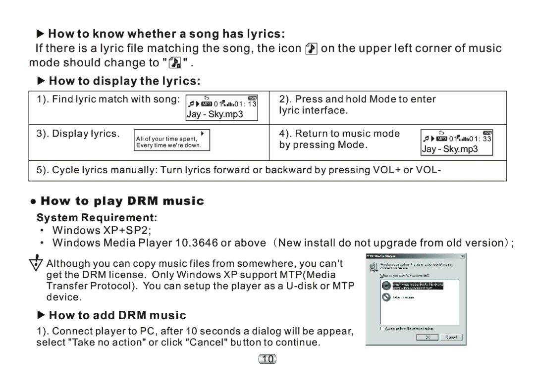 Nextar ma977 How to know whether a song has lyrics, How to display the lyrics, How to play DRM music System Requirement 