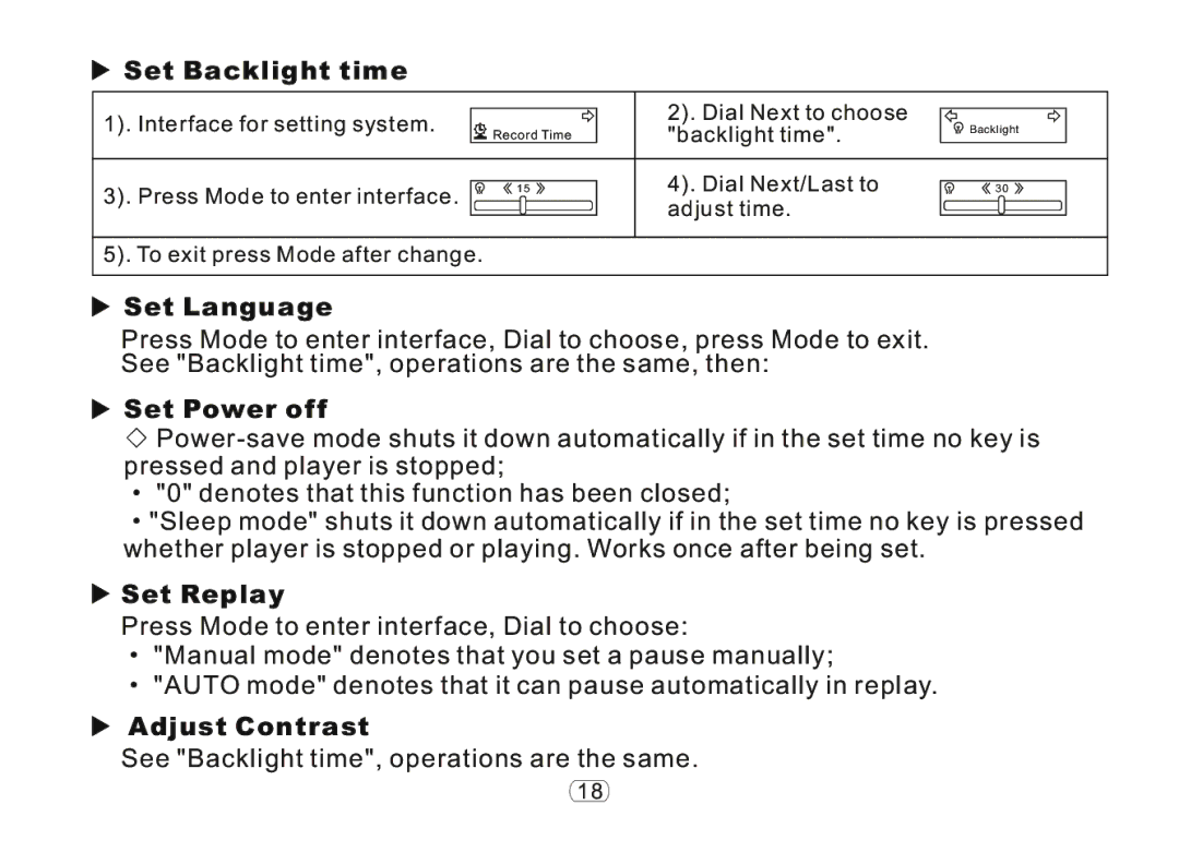 Nextar ma977 manual Set Backlight time, Set Language, Set Power off, Set Replay, Adjust Contrast 