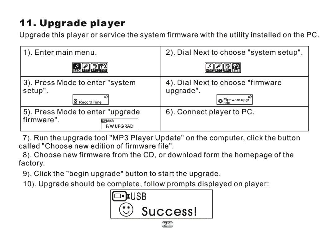 Nextar ma977 manual Success, Upgrade player 