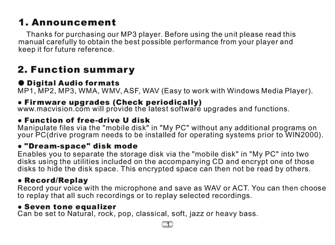 Nextar ma977 manual Announcement, Function summary 