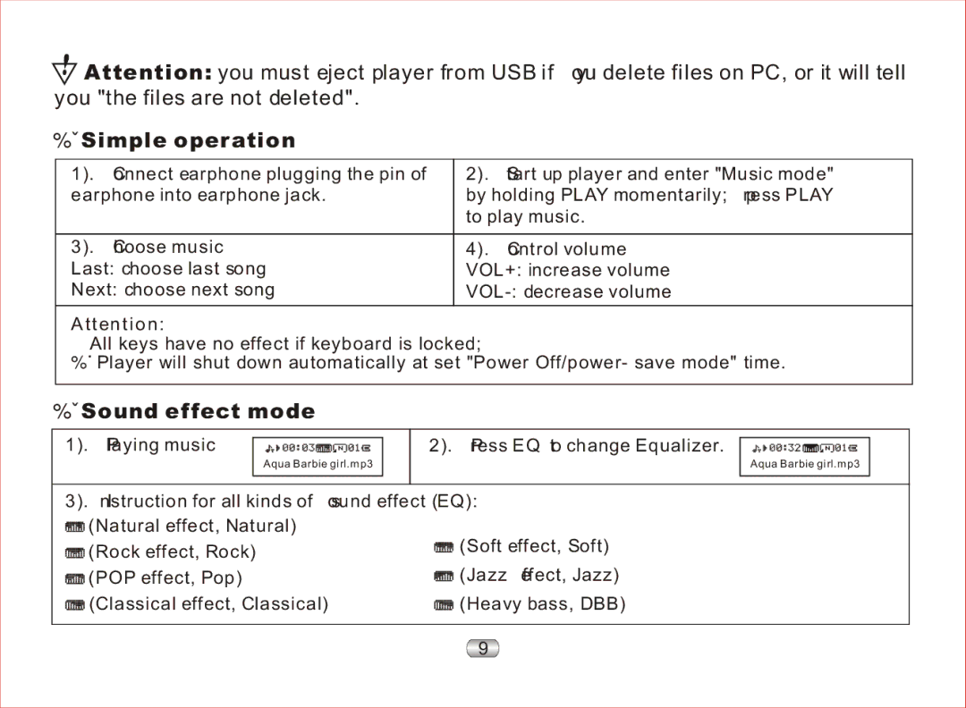 Nextar MA97T operation manual Simple operation, Sound effect mode 