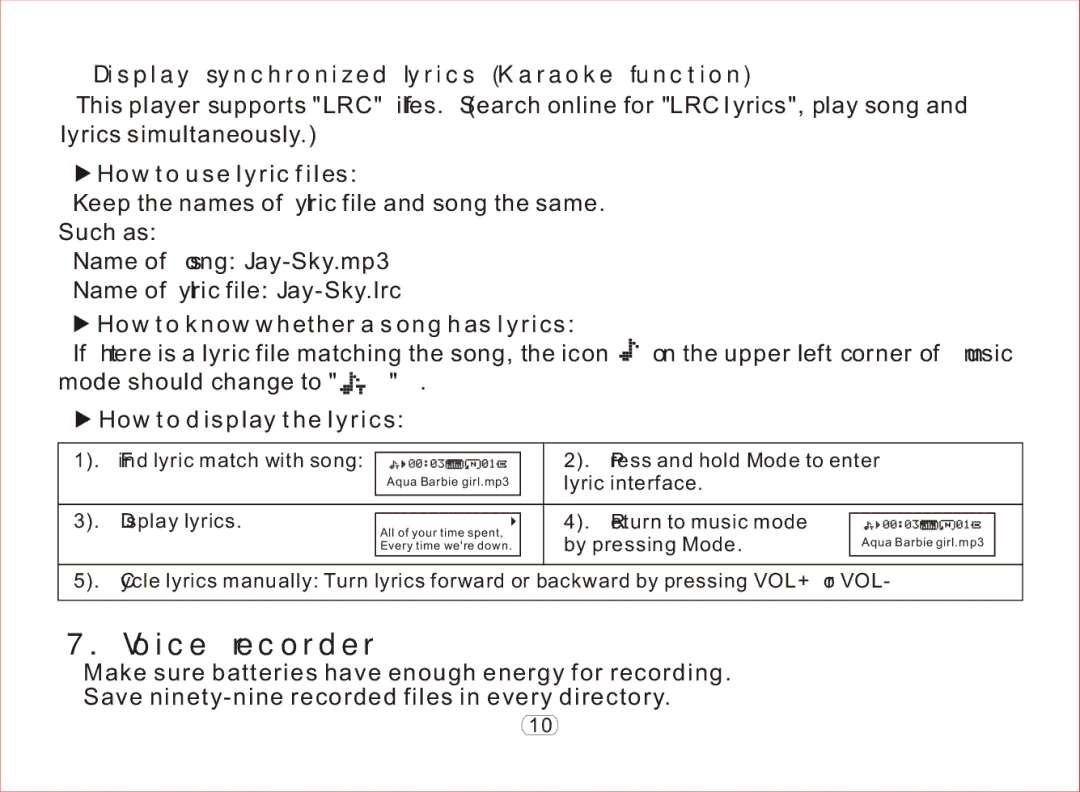 Nextar MA97T operation manual Voice recorder, Display synchronized lyrics Karaoke function, How to use lyric files 