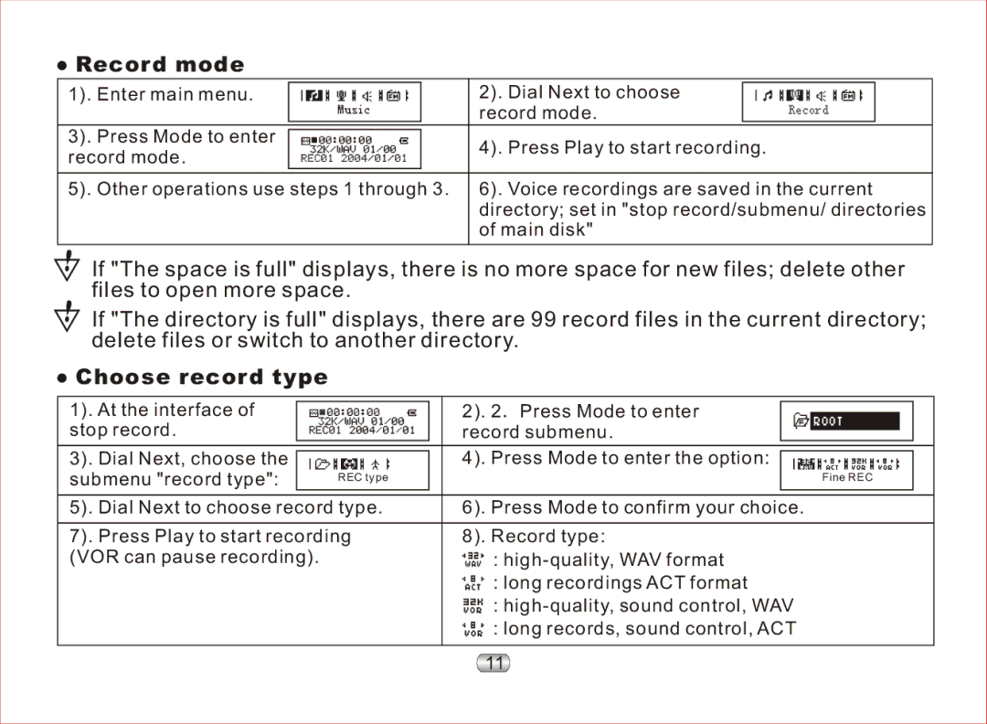 Nextar MA97T operation manual Record mode, Choose record type 