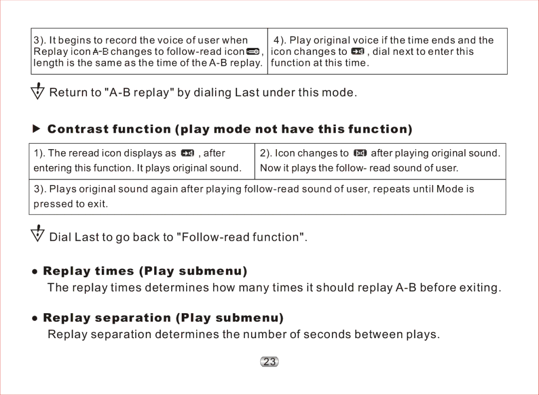 Nextar MA97T Contrast function play mode not have this function, Replay times Play submenu, Replay separation Play submenu 