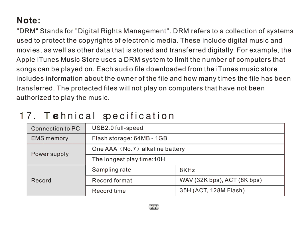 Nextar MA97T operation manual Technical specification 