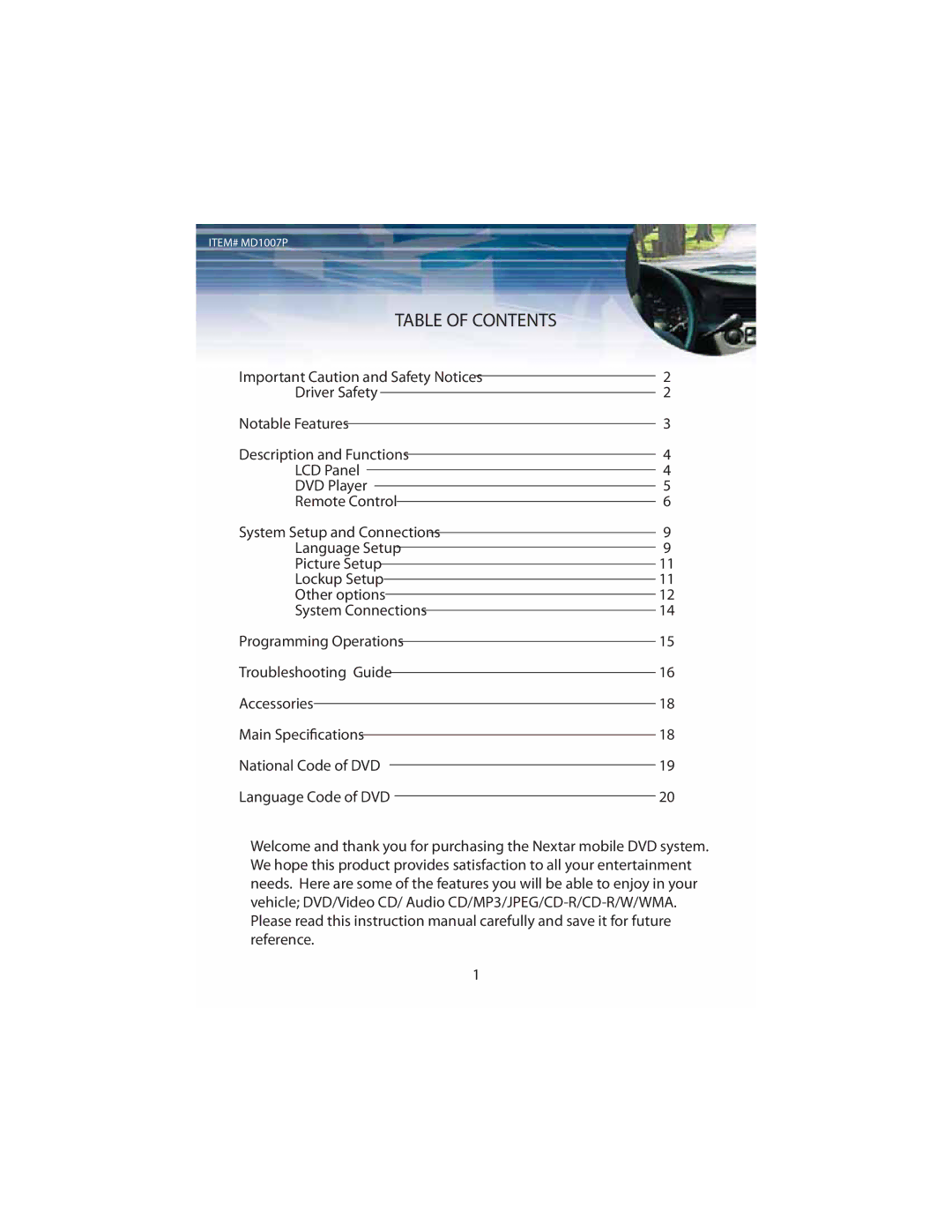 Nextar MD1007P instruction manual Table of Contents 