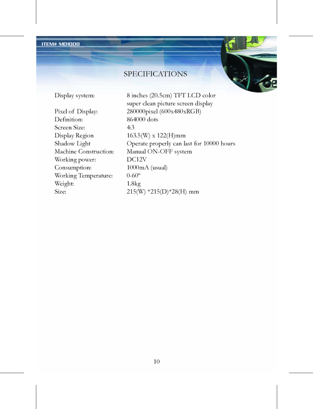 Nextar MD1008 instruction manual Specifications 