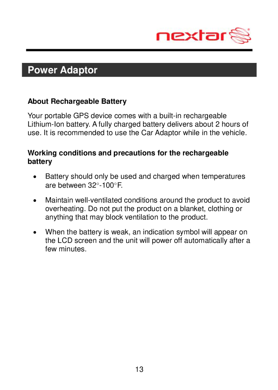 Nextar MEFH01, ME09EH manual About Rechargeable Battery 