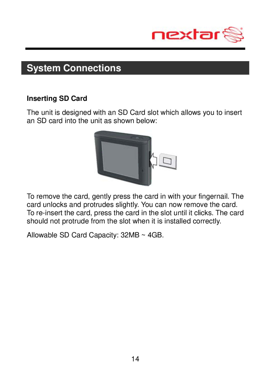 Nextar ME09EH, MEFH01 manual System Connections, Inserting SD Card 