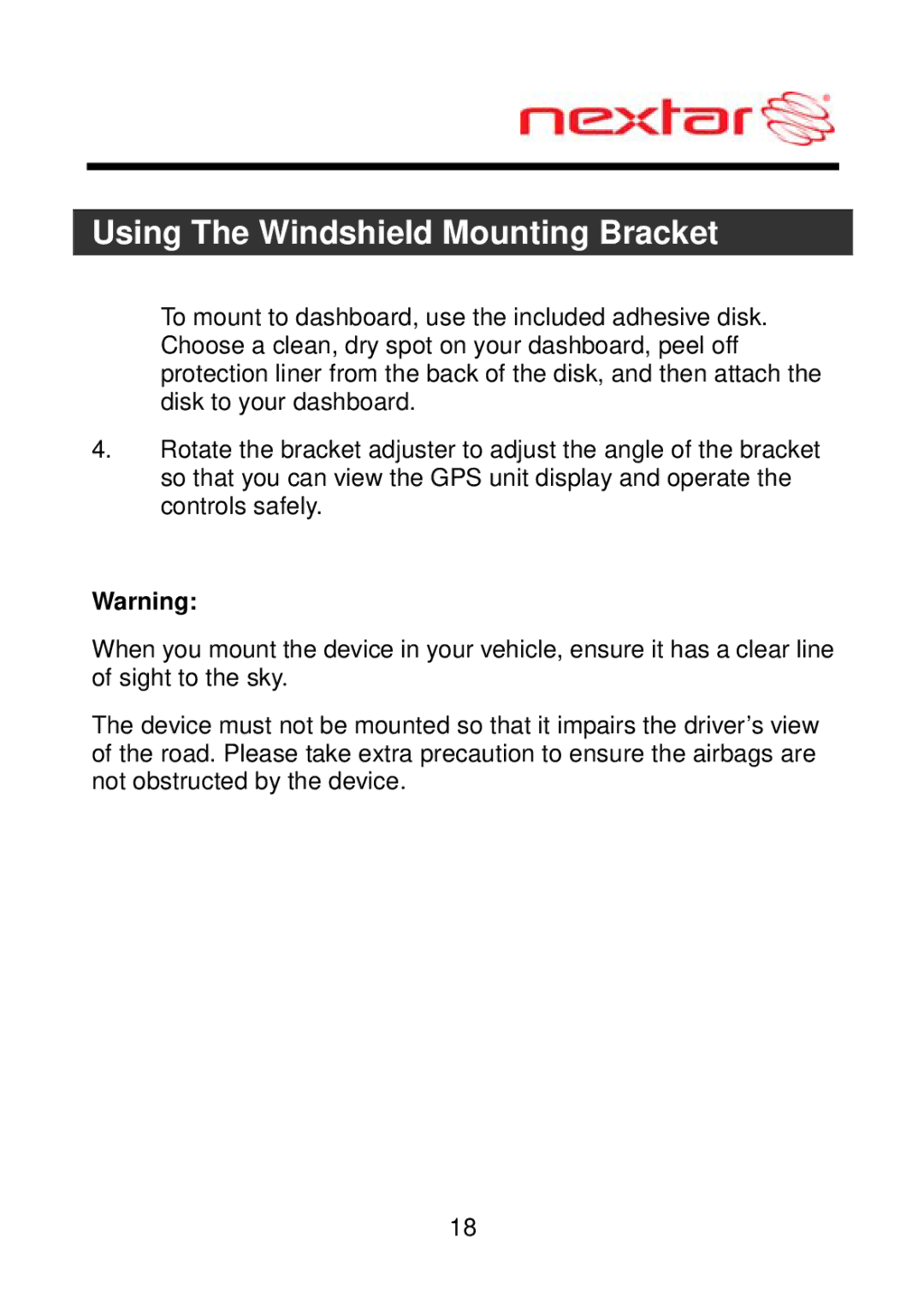 Nextar ME09EH, MEFH01 manual Using The Windshield Mounting Bracket 