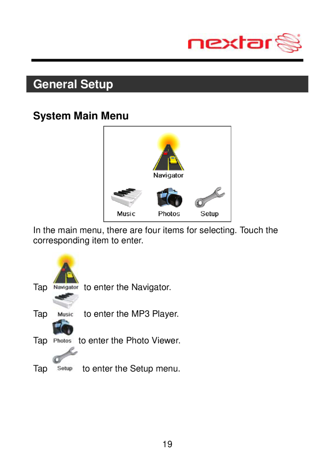 Nextar MEFH01, ME09EH manual General Setup, System Main Menu 