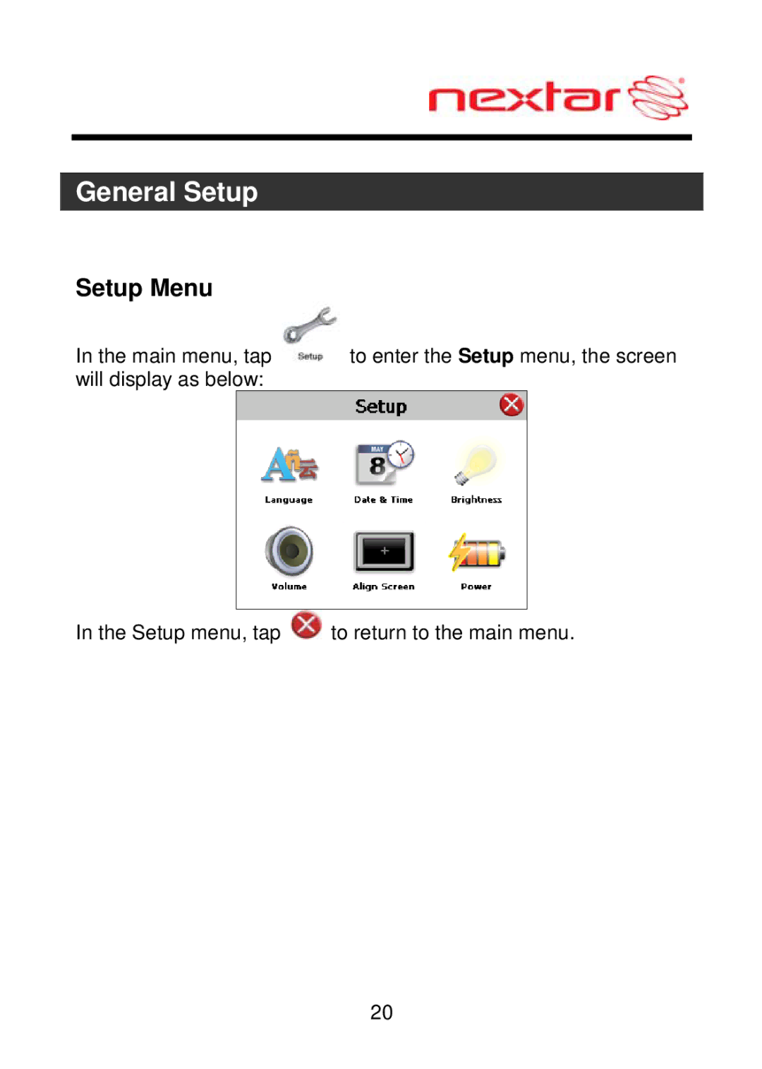 Nextar ME09EH, MEFH01 manual Setup Menu 