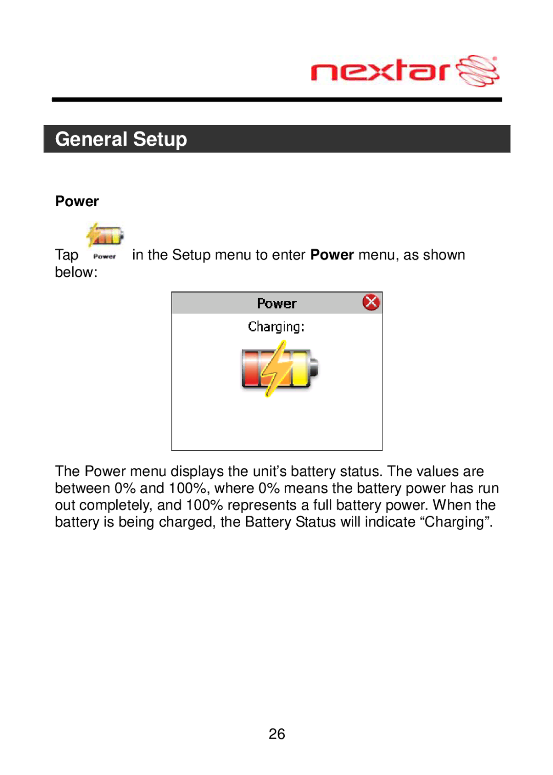 Nextar ME09EH, MEFH01 manual Tap in the Setup menu to enter Power menu, as shown below 