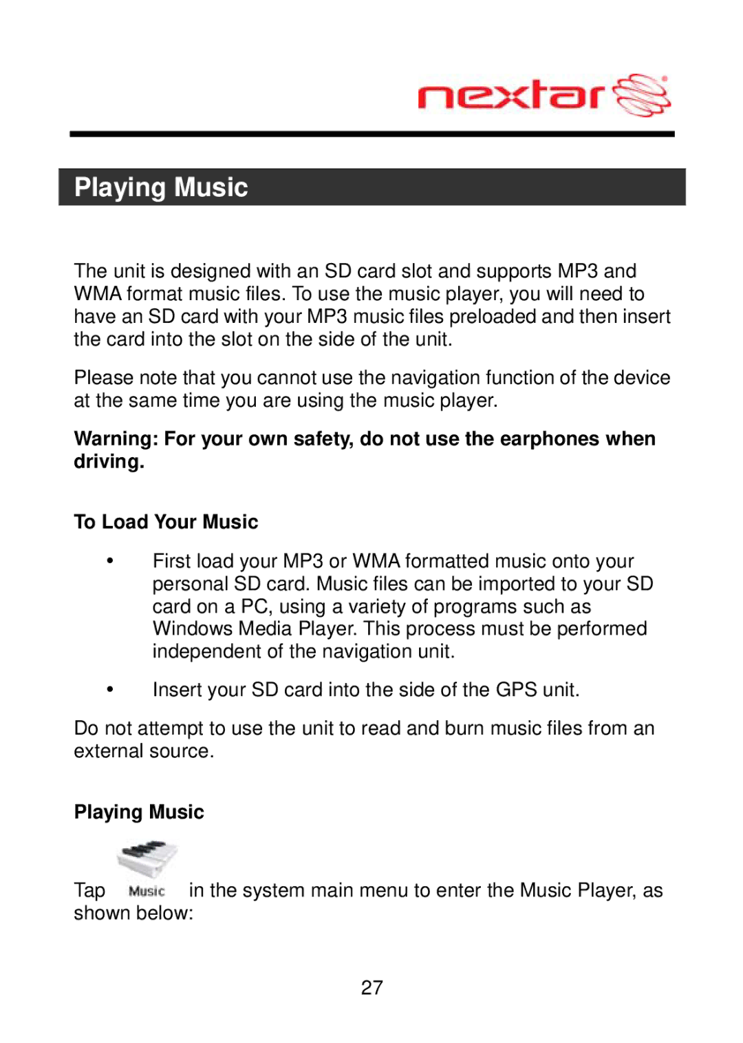 Nextar MEFH01, ME09EH manual Playing Music, To Load Your Music 