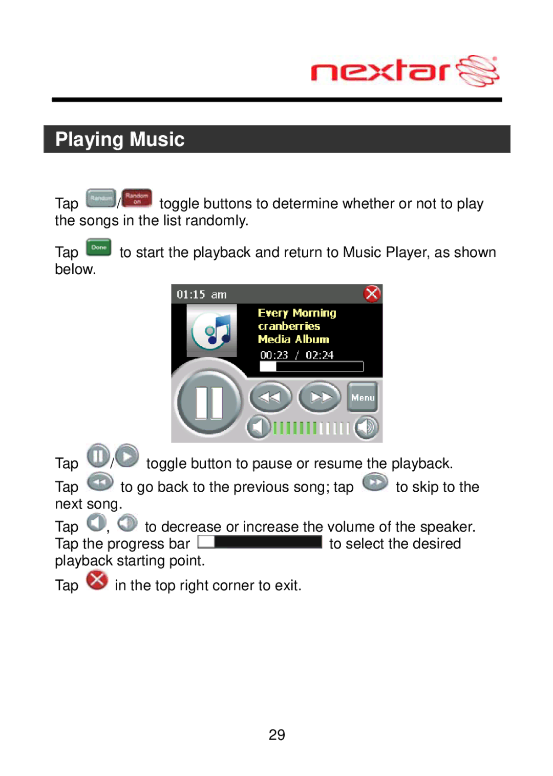 Nextar MEFH01, ME09EH manual Playing Music 