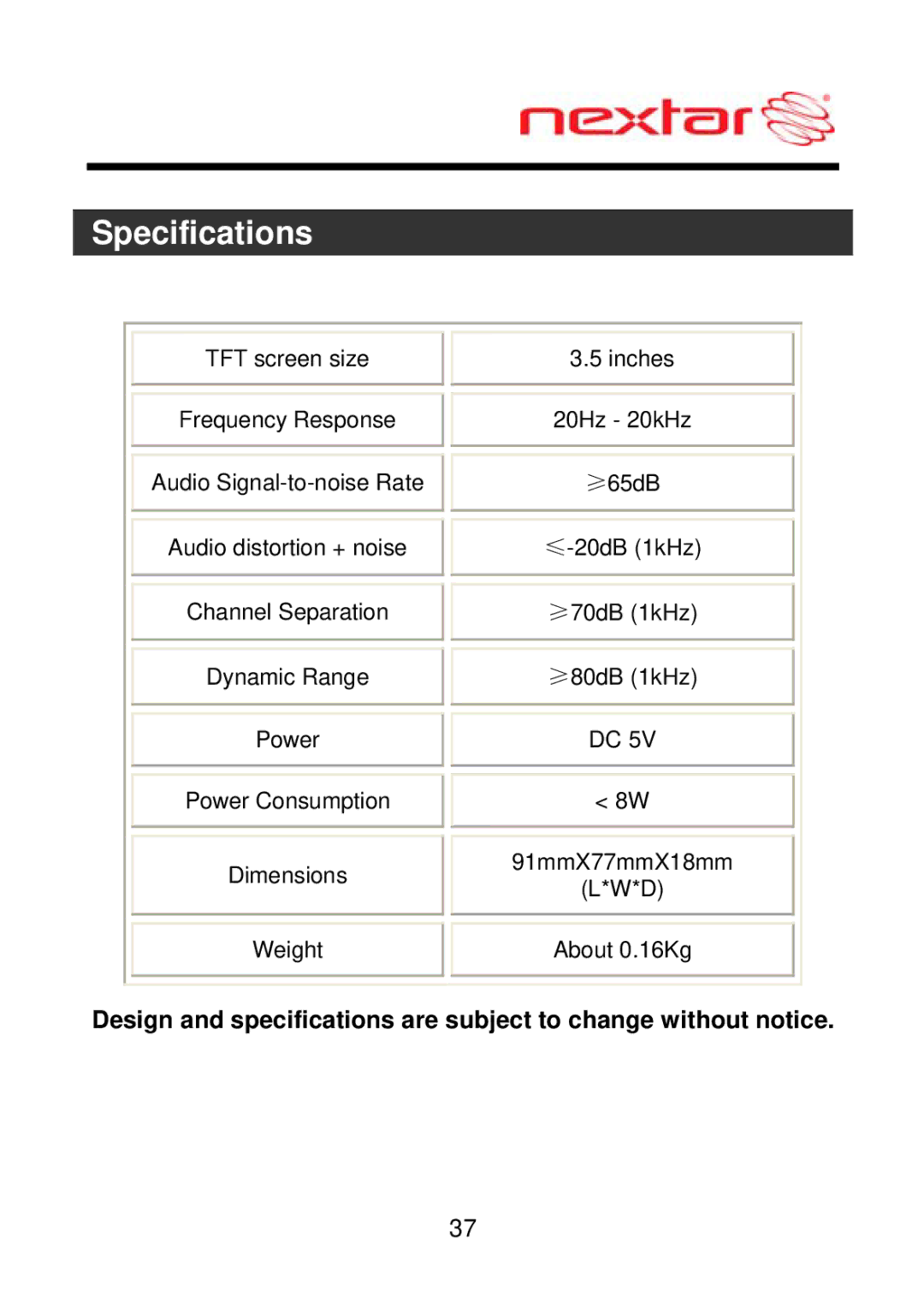 Nextar MEFH01, ME09EH manual Specifications 