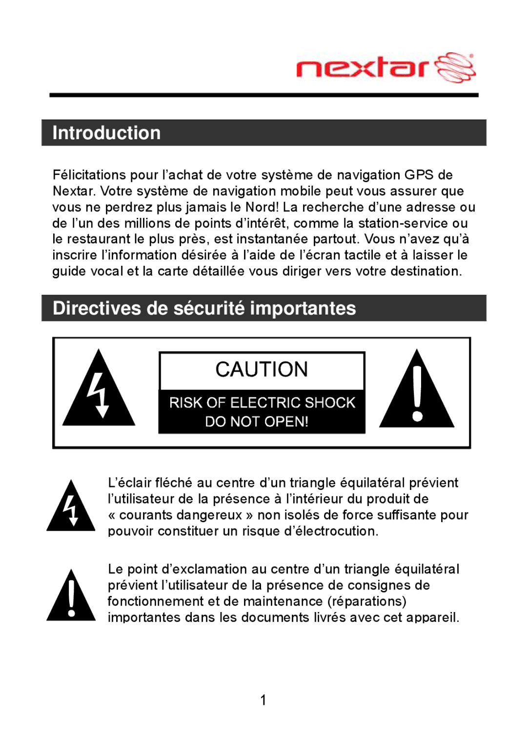 Nextar ME09EH, MEFH01 manual Introduction, Directives de sécurité importantes 