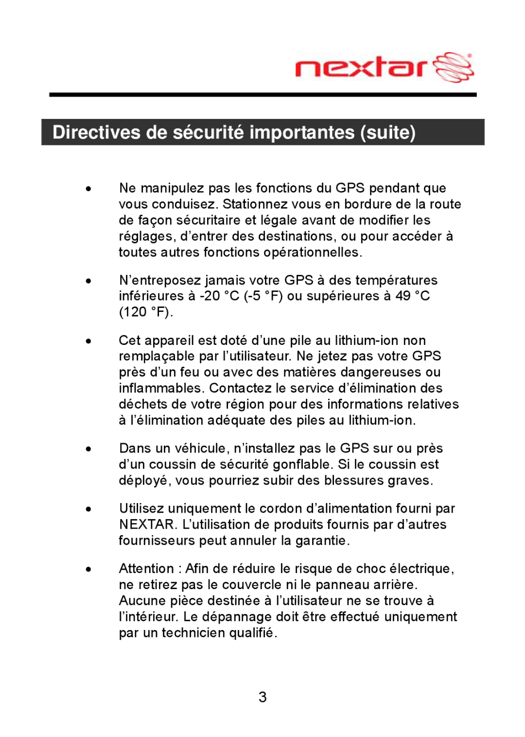 Nextar ME09EH, MEFH01 manual Directives de sécurité importantes suite 