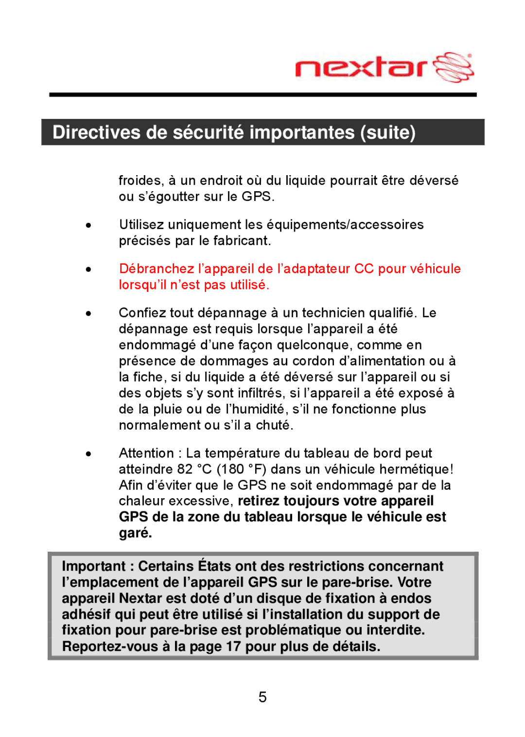 Nextar ME09EH, MEFH01 manual Directives de sécurité importantes suite 