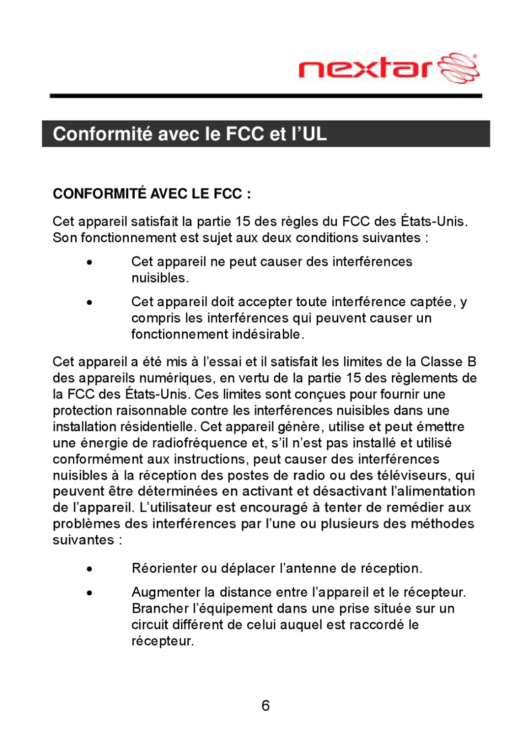 Nextar MEFH01, ME09EH manual Conformité avec le FCC et l’UL, Conformité Avec LE FCC 